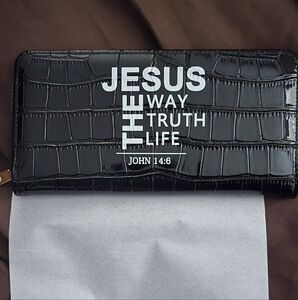 Black Leather Wallet NWOT with inspirational writing NIB